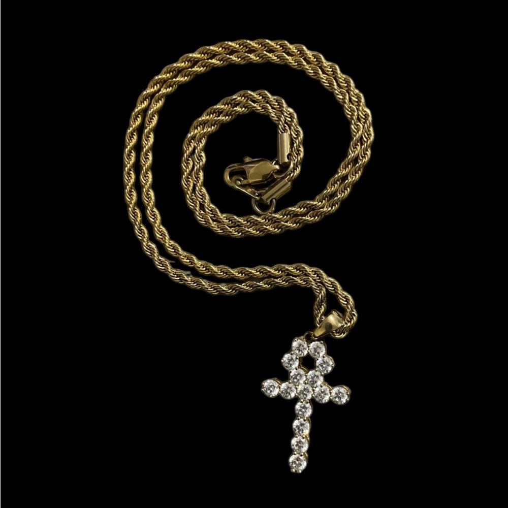 Micro Diamond Ankh Gold Necklace Pendant & Gold Rope Chain